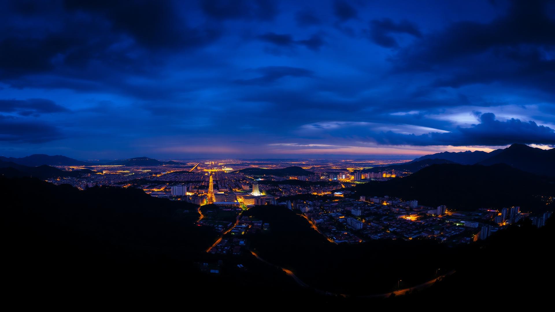 Vista panorámica de la cordillera y las luces de Medellín al atardecer